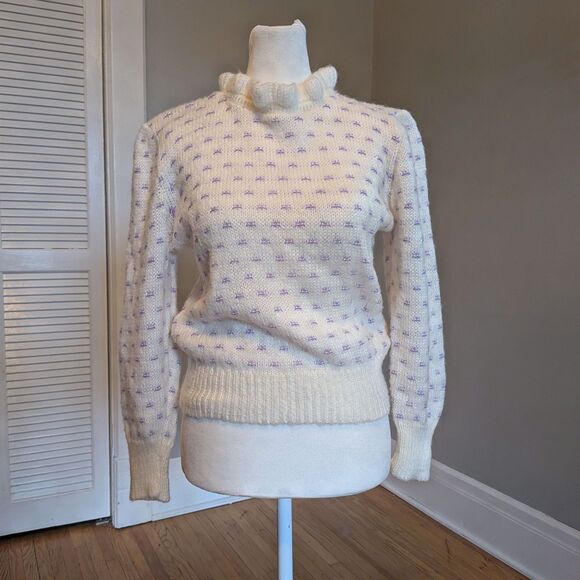 Vintage Sweaters - Vintage 1970s Excitation Knit Sweater Mock Neck Fuzzy Coquette Size S